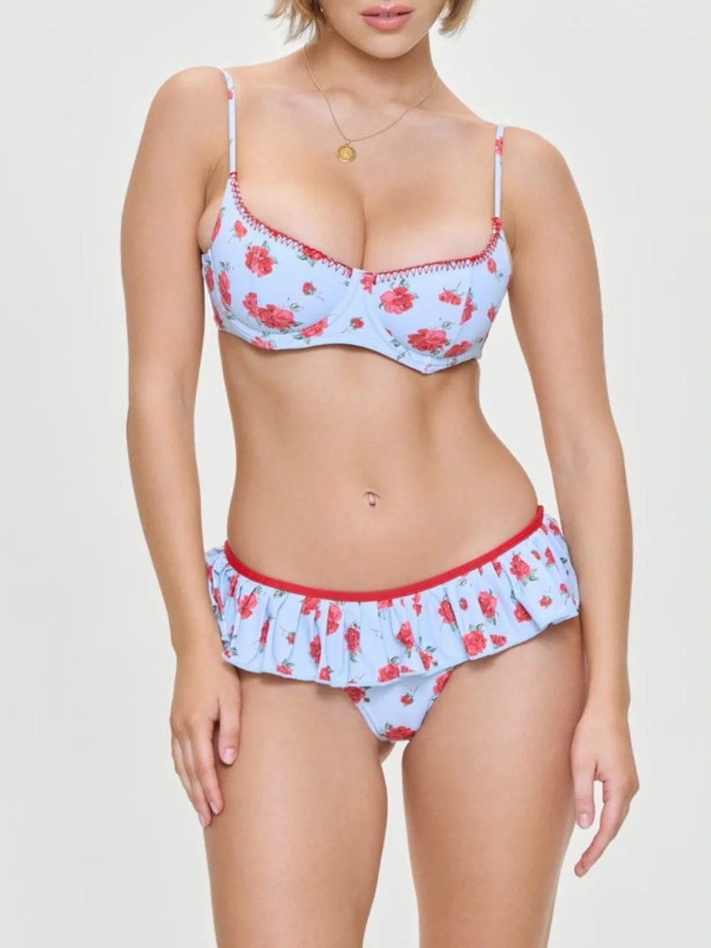 Frankie's Bikinis Baby Blue Rose Ruffle Bikini swim set size L NWT
